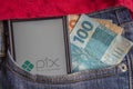 Florianopolis, Brazil. 28/09/2020: Close up of Pix logo on smartphone screen in jeans pocket. Pix is Ã¢â¬â¹Ã¢â¬â¹the new Brazilian